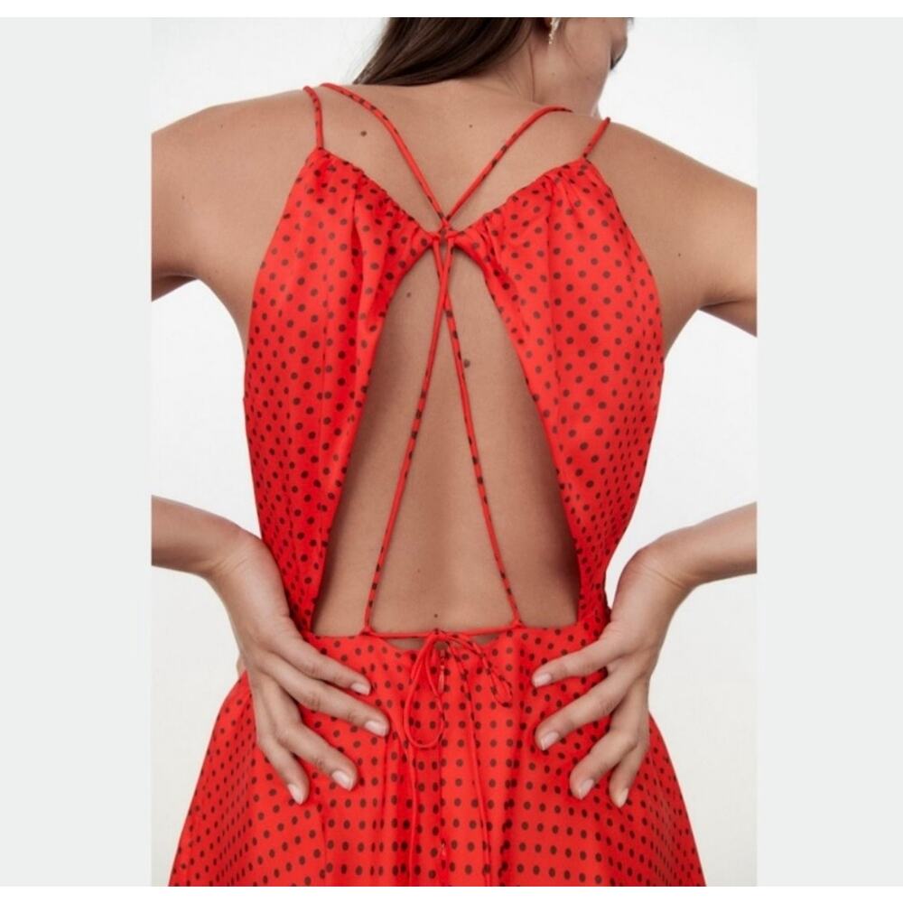 ZARA Polka Dot Red Open Crossover Back Mini Cocktail Satin Dress Preppy Summer - Picture 3 of 16
